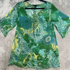 H&M Sheer Floral Blouse Top Women’s 12 Green Oriental Asian Inspired